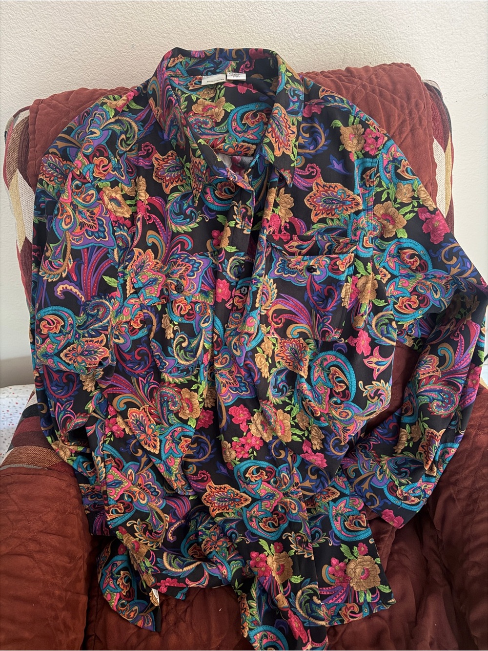 Roaman's Black Paisley Floral Button-Front Blouse with Multicolor Accents